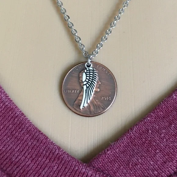1959-1969 Lucky Penny Necklace Angel Wing Memorial Stainless Steel Coin Money - Picture 10 of 11
